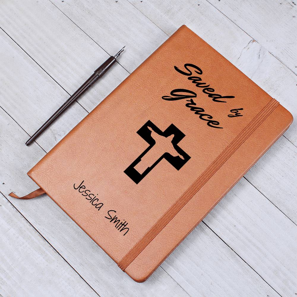 Saved By Grace Prayer Journal, Personalized Leather Journal Notebook, Custom Name Bible Study Notebook, Devotional Journal, Christian Gifts