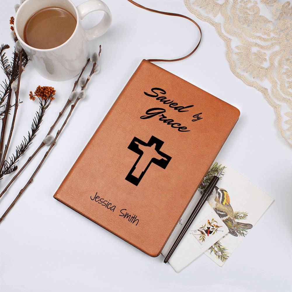 Saved By Grace Prayer Journal, Personalized Leather Journal Notebook, Custom Name Bible Study Notebook, Devotional Journal, Christian Gifts