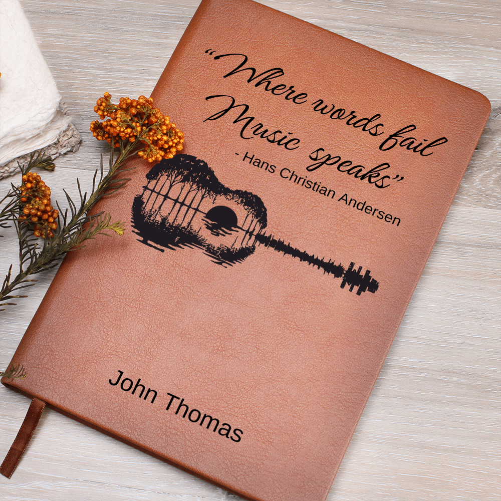Personalized Leather Lyrics Notebook Journal, Songwriting Muscian Journal, Gift for Music Lovers, Where Words Fail, Custom Guitarist Gift