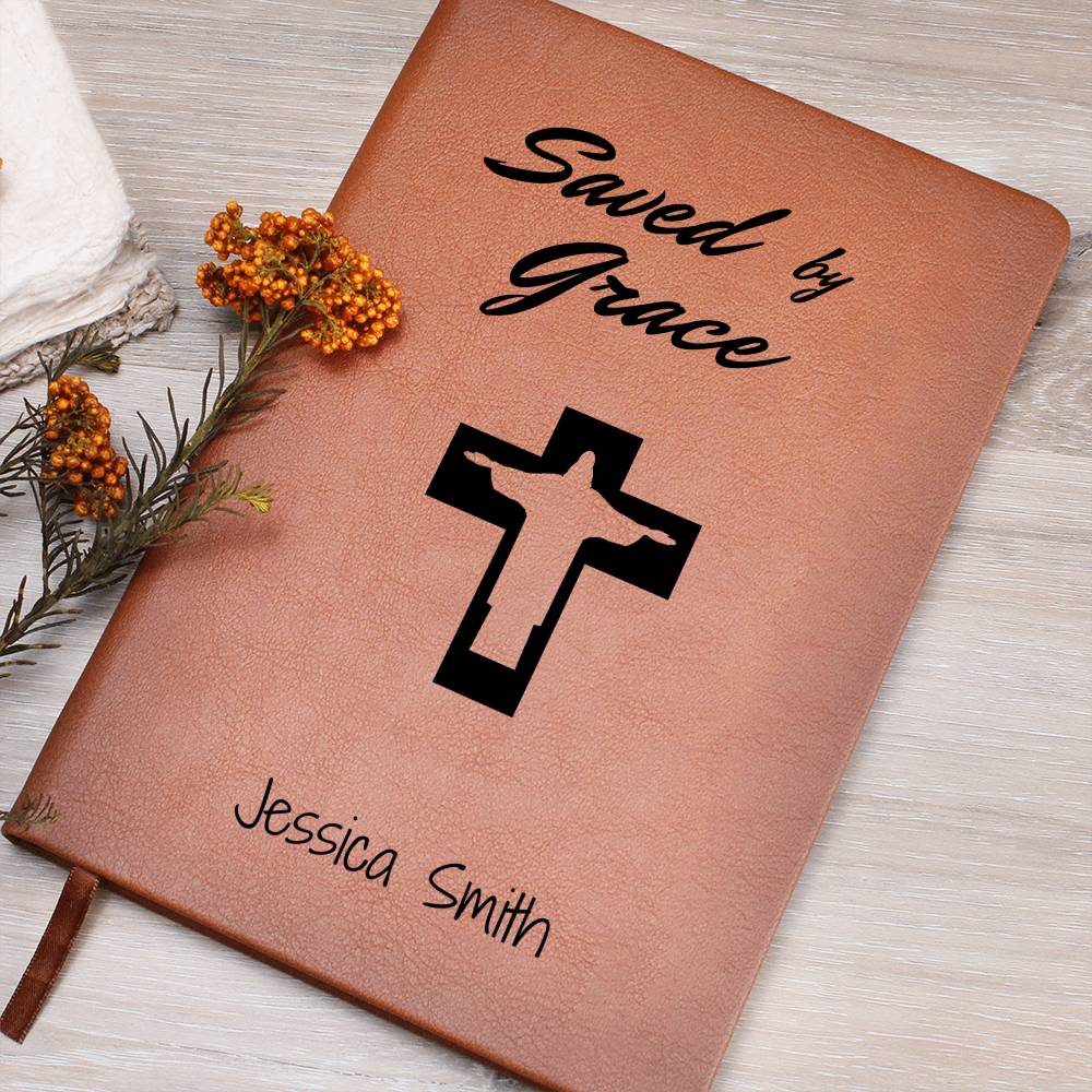 Saved By Grace Prayer Journal, Personalized Leather Journal Notebook, Custom Name Bible Study Notebook, Devotional Journal, Christian Gifts