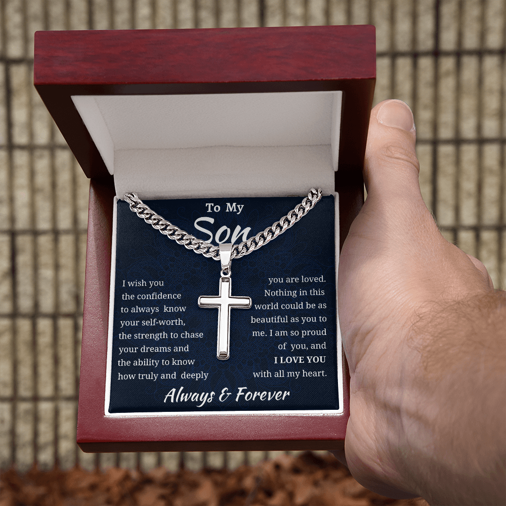 To My Son Engraved Cross Chain