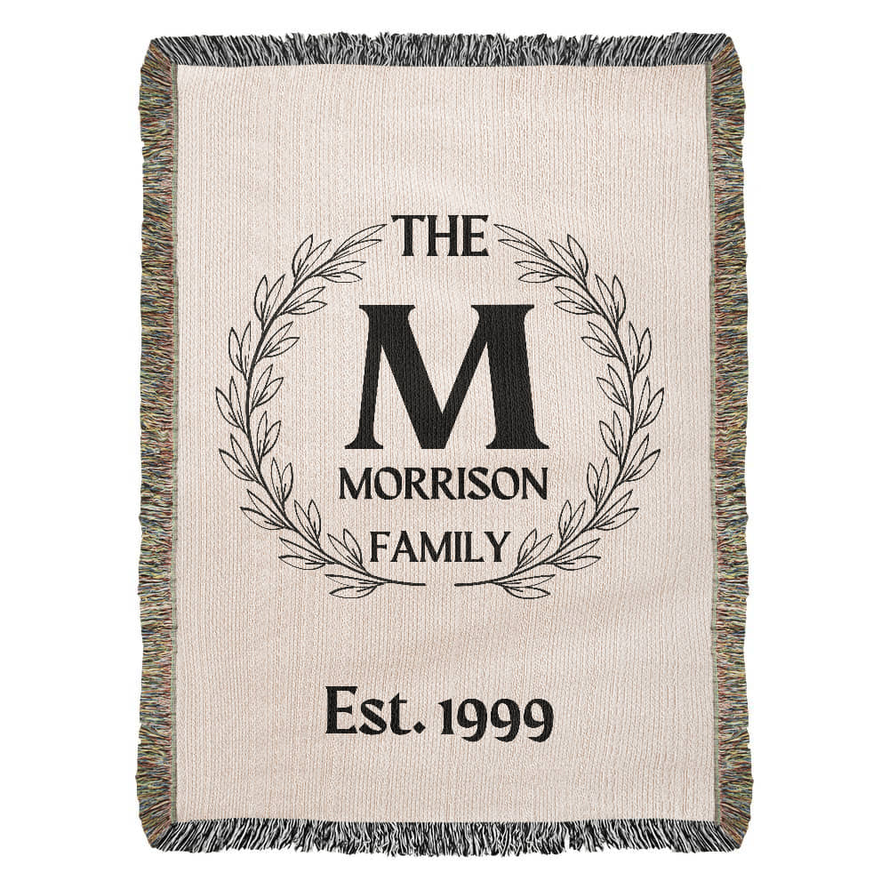 Personalized Name Wreath Monogram, Family Cotton Woven Throw Blanket, Custom Family Name Blanket, Anniversary Gift, Christmas Wedding Decor