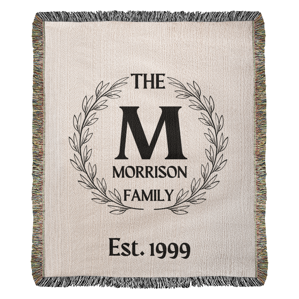 Personalized Name Wreath Monogram, Family Cotton Woven Throw Blanket, Custom Family Name Blanket, Anniversary Gift, Christmas Wedding Decor