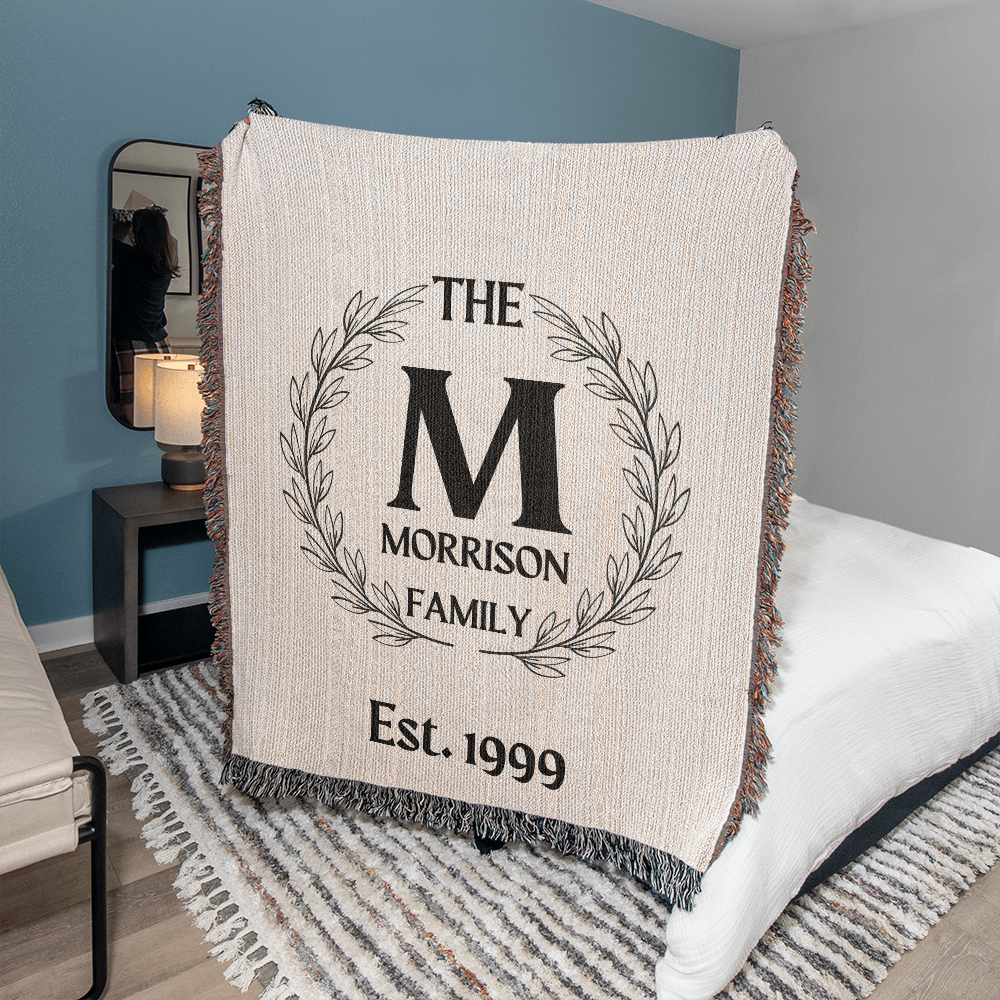 Personalized Name Wreath Monogram, Family Cotton Woven Throw Blanket, Custom Family Name Blanket, Anniversary Gift, Christmas Wedding Decor
