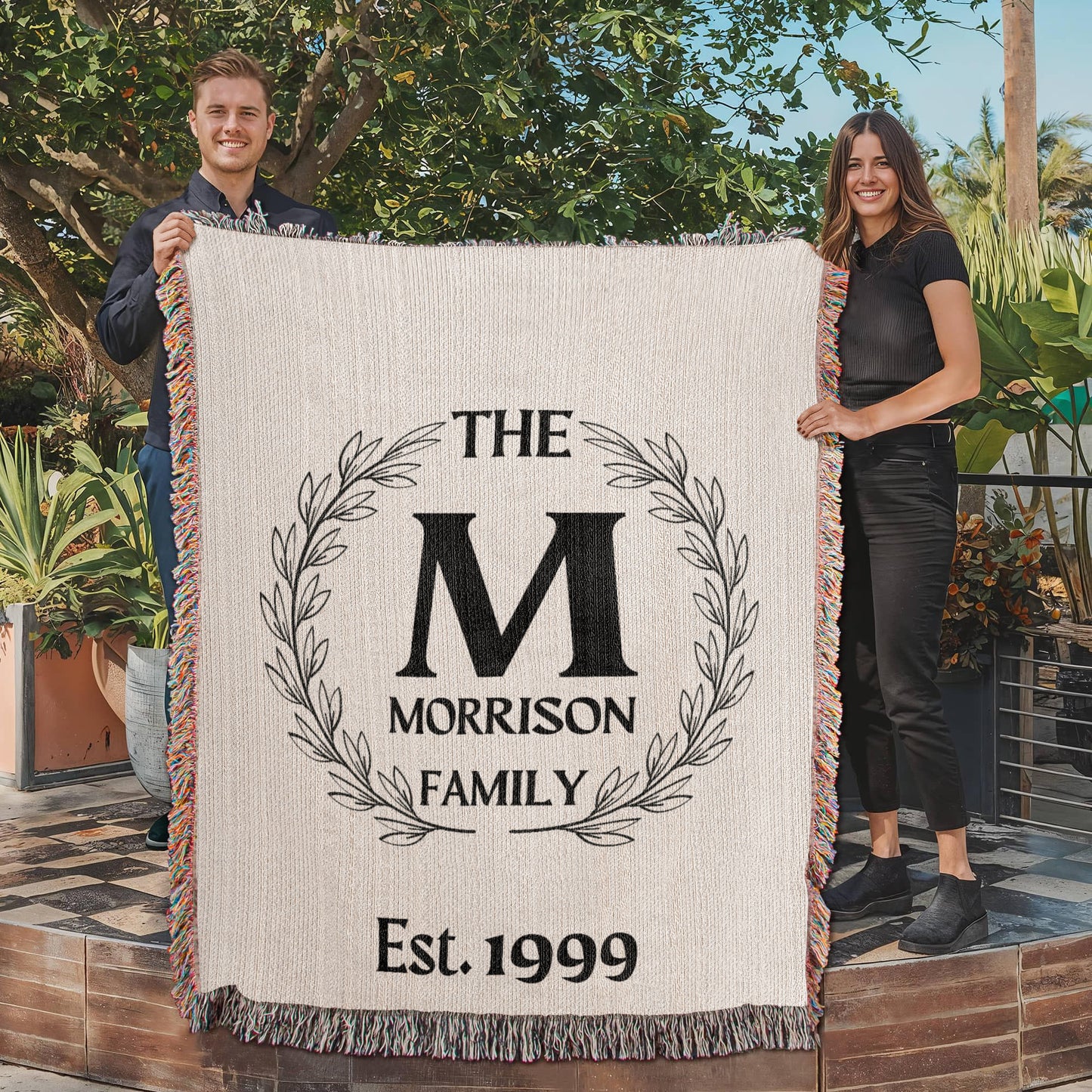 Personalized Name Wreath Monogram, Family Cotton Woven Throw Blanket, Custom Family Name Blanket, Anniversary Gift, Christmas Wedding Decor