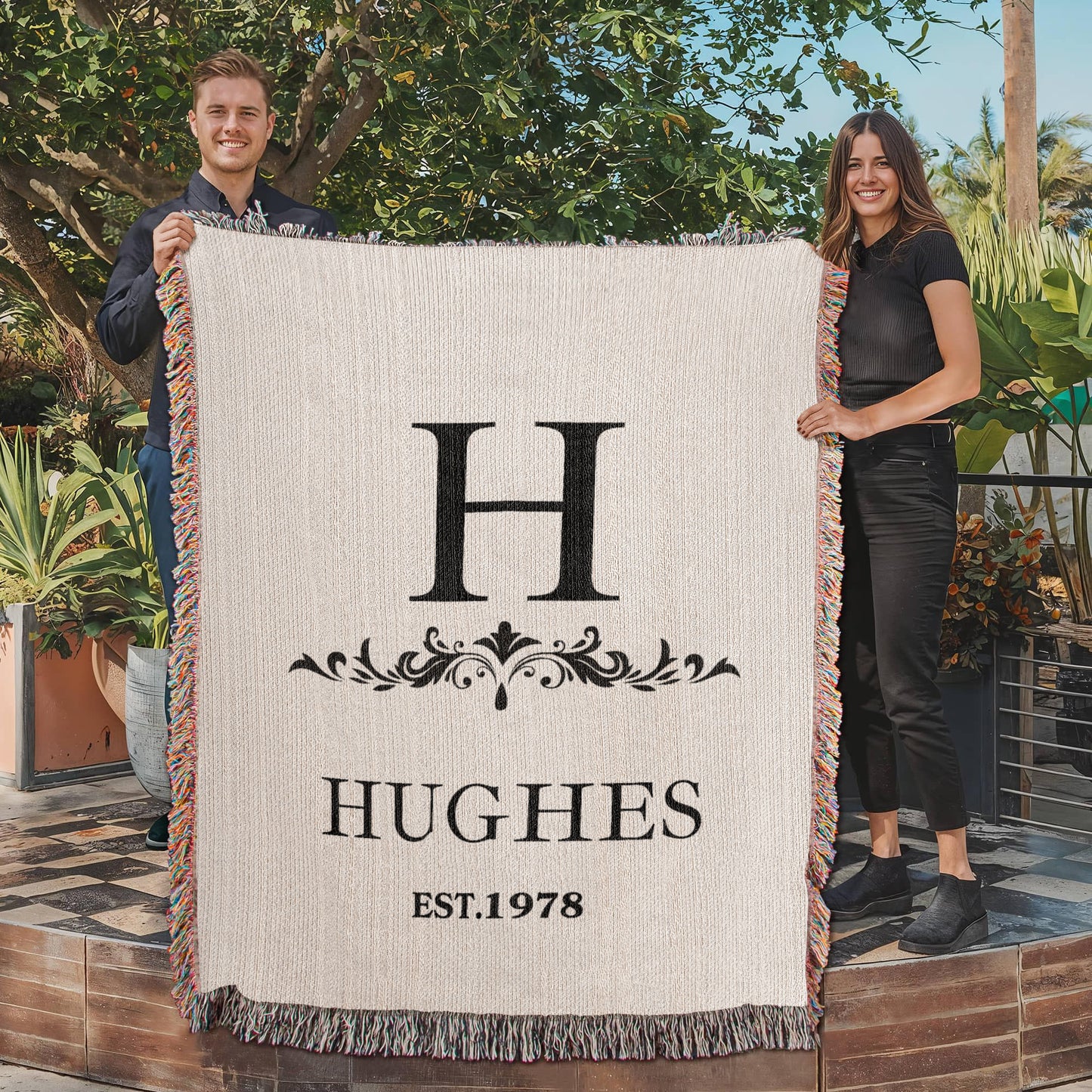 Custom Woven Throw Blanket Cotton Personalized Name And Initial Family Blanket Adult Throw, 4th Year Anniversary Gift Tapestry Blanket