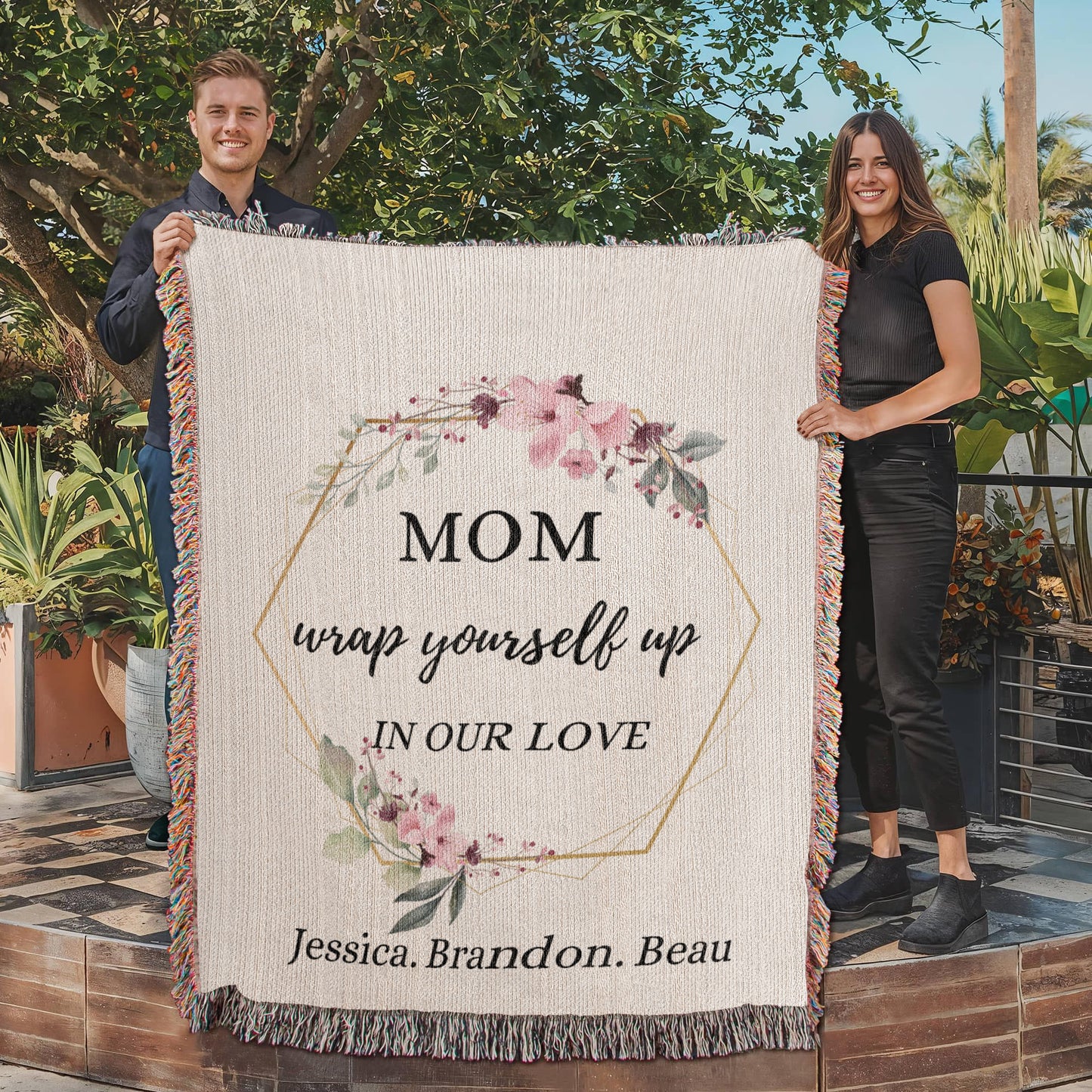 Custom Message Personalized Woven Throw, Personalized Floral Blanket Gift For Mom, Wedding Anniversary Gift, Custom Christmas Present.