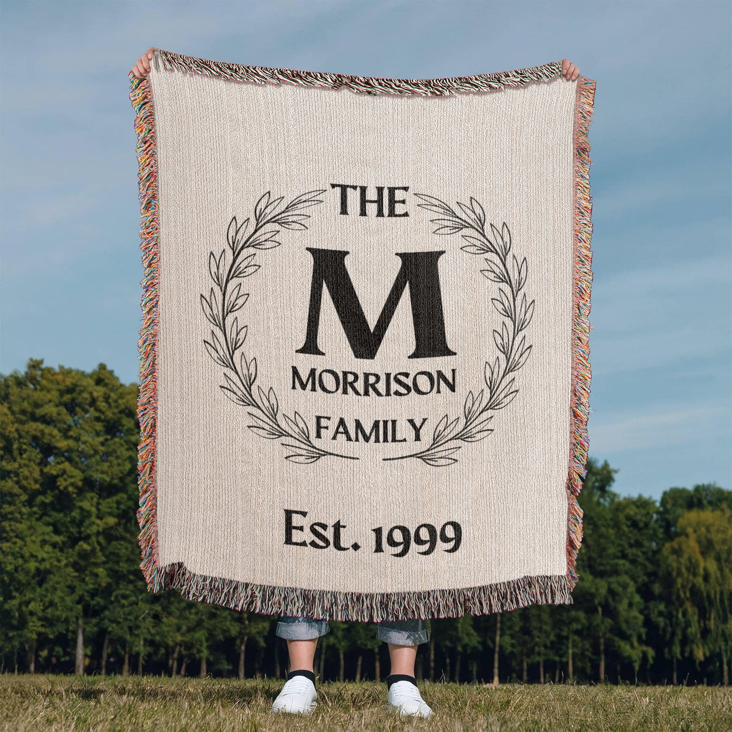Personalized Name Wreath Monogram, Family Cotton Woven Throw Blanket, Custom Family Name Blanket, Anniversary Gift, Christmas Wedding Decor