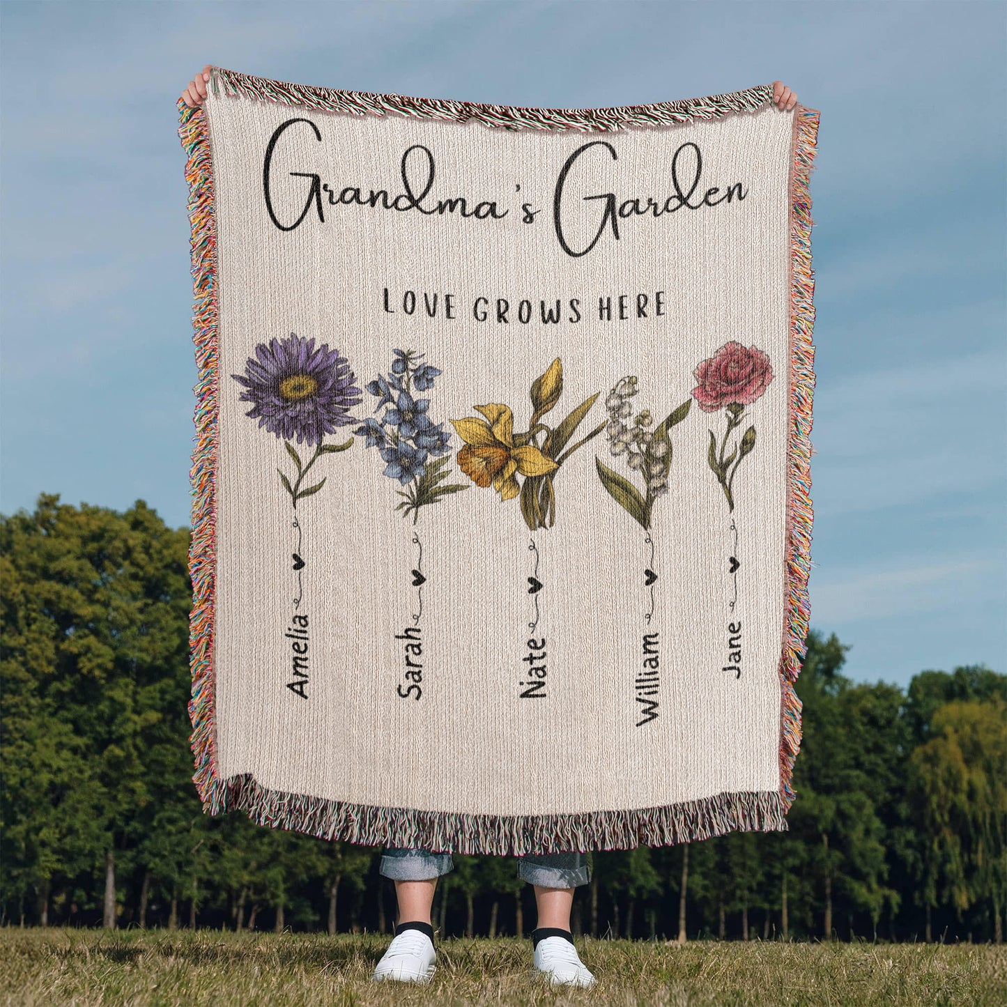 Custom Grandma Garden Blanket, Personalized Birth Flower Blanket, Granny Keepsake Gift, Mother's Day & Christmas Gift
