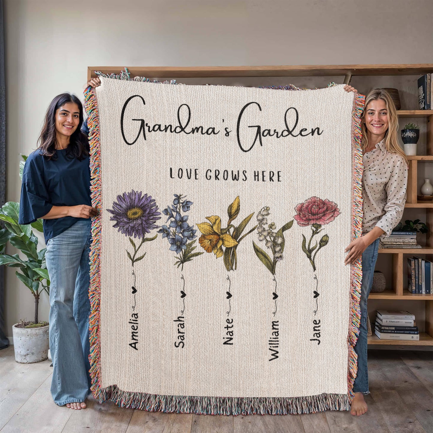 Custom Grandma Garden Blanket, Personalized Birth Flower Blanket, Granny Keepsake Gift, Mother's Day & Christmas Gift