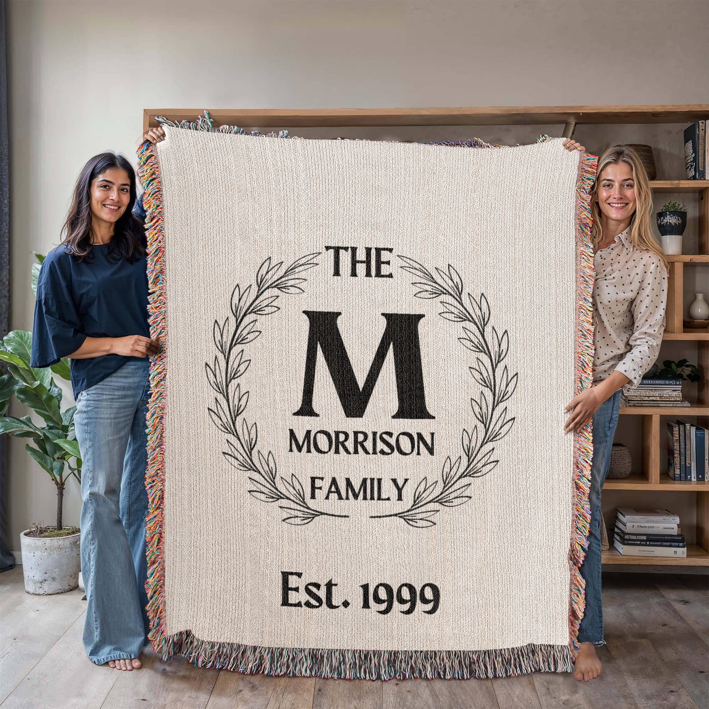 Personalized Name Wreath Monogram, Family Cotton Woven Throw Blanket, Custom Family Name Blanket, Anniversary Gift, Christmas Wedding Decor
