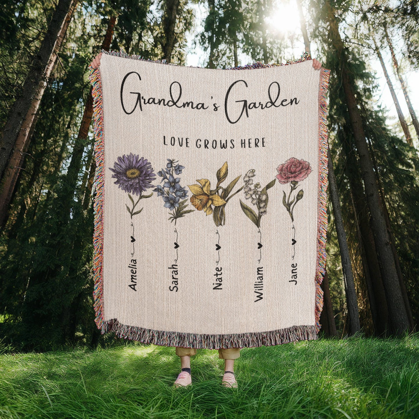 Custom Grandma Garden Blanket, Personalized Birth Flower Blanket, Granny Keepsake Gift, Mother's Day & Christmas Gift