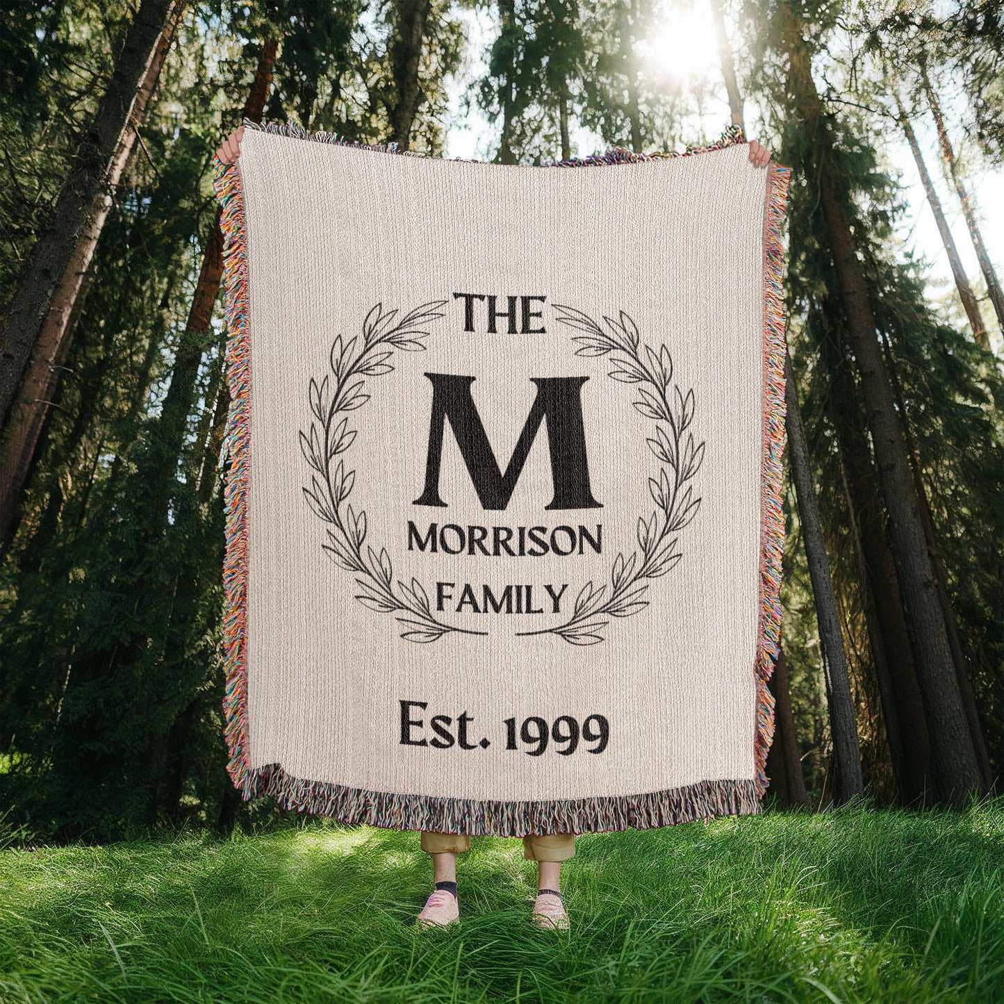 Personalized Name Wreath Monogram, Family Cotton Woven Throw Blanket, Custom Family Name Blanket, Anniversary Gift, Christmas Wedding Decor