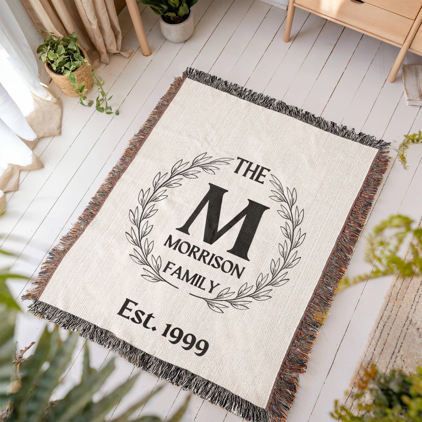 Personalized Name Wreath Monogram, Family Cotton Woven Throw Blanket, Custom Family Name Blanket, Anniversary Gift, Christmas Wedding Decor