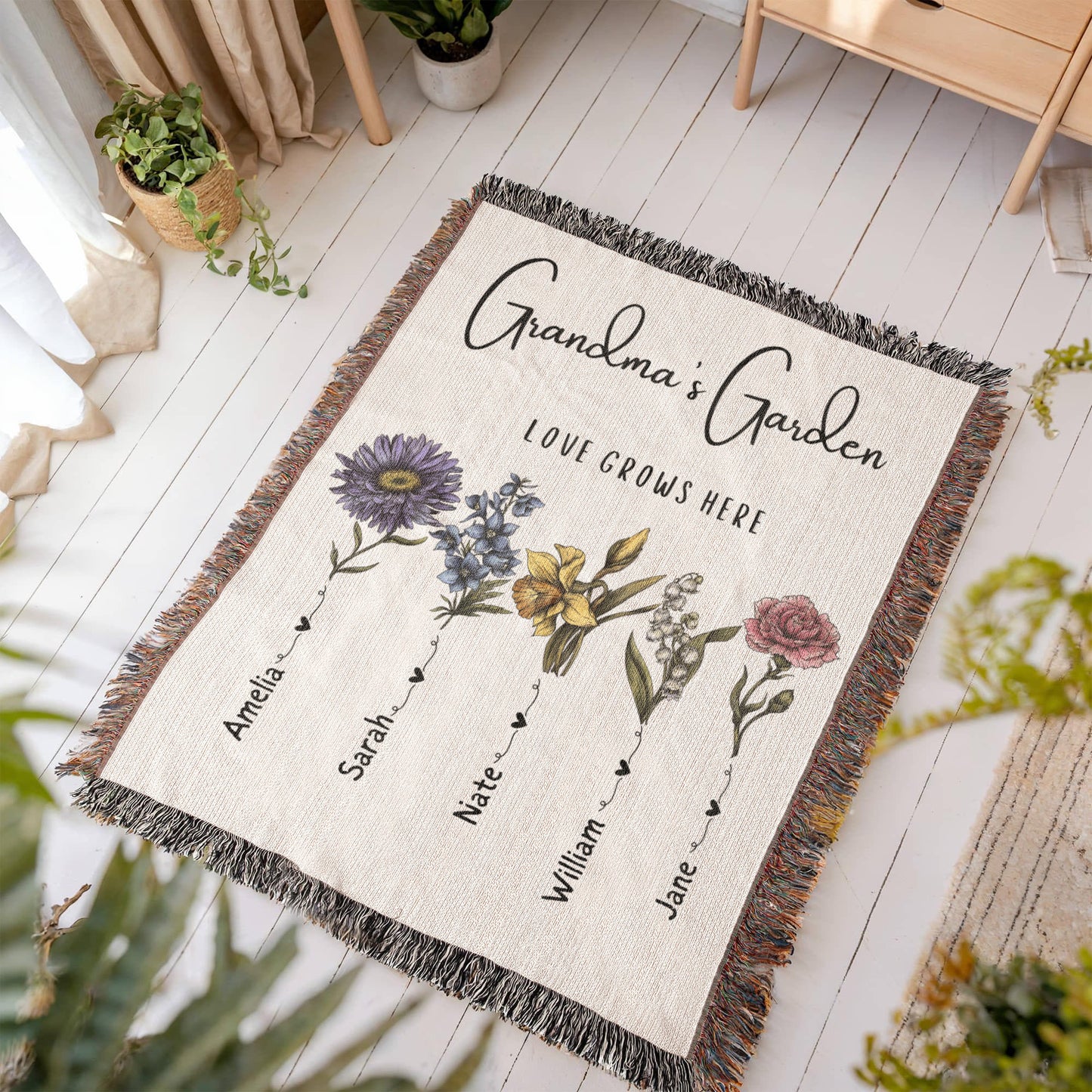 Custom Grandma Garden Blanket, Personalized Birth Flower Blanket, Granny Keepsake Gift, Mother's Day & Christmas Gift