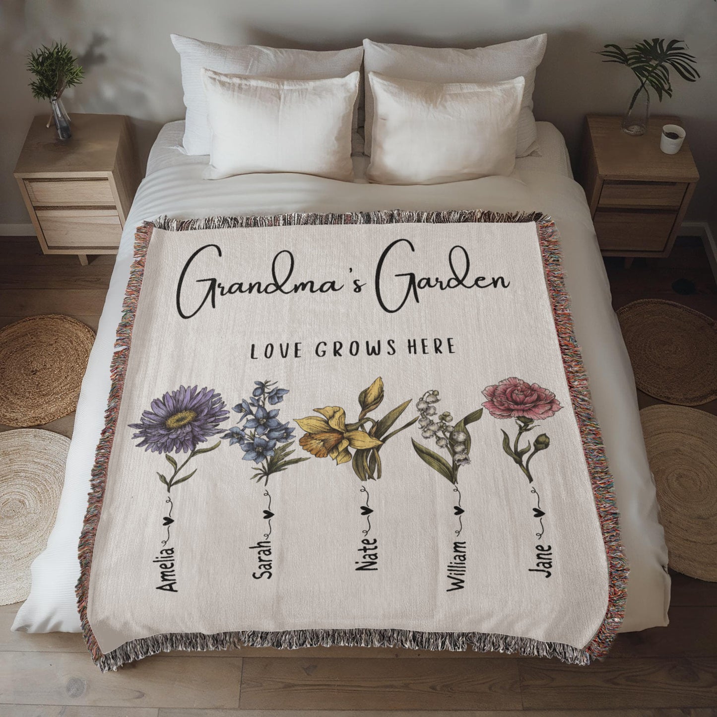 Custom Grandma Garden Blanket, Personalized Birth Flower Blanket, Granny Keepsake Gift, Mother's Day & Christmas Gift