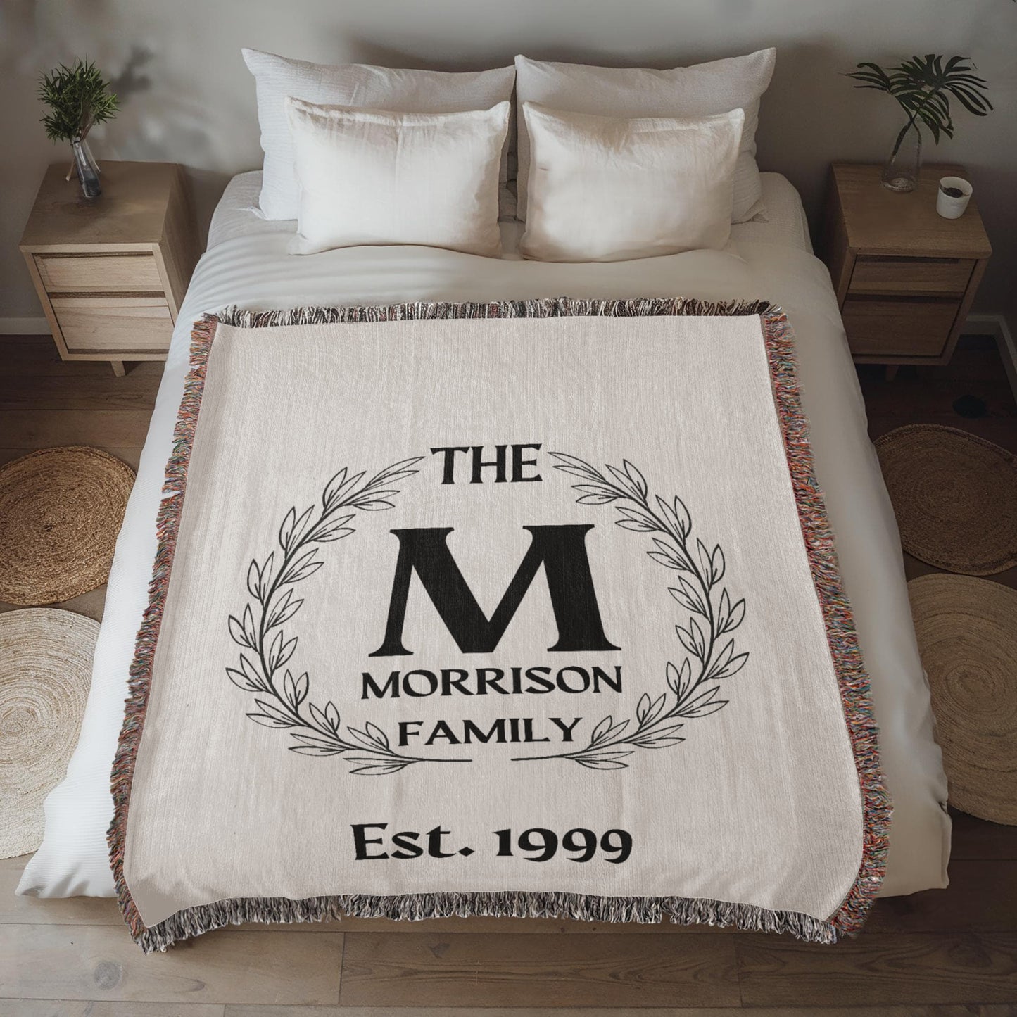 Personalized Name Wreath Monogram, Family Cotton Woven Throw Blanket, Custom Family Name Blanket, Anniversary Gift, Christmas Wedding Decor