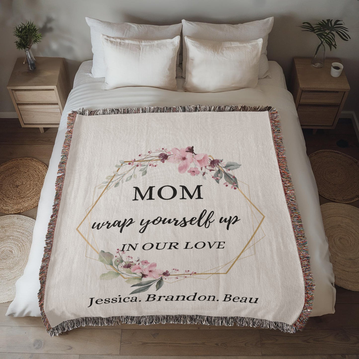 Custom Message Personalized Woven Throw, Personalized Floral Blanket Gift For Mom, Wedding Anniversary Gift, Custom Christmas Present.