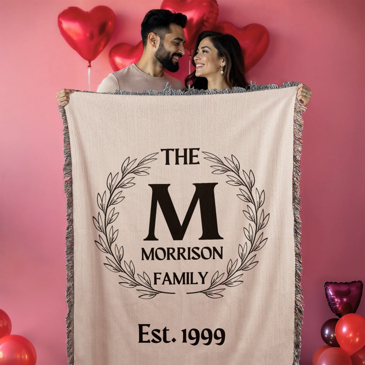 Personalized Name Wreath Monogram, Family Cotton Woven Throw Blanket, Custom Family Name Blanket, Anniversary Gift, Christmas Wedding Decor
