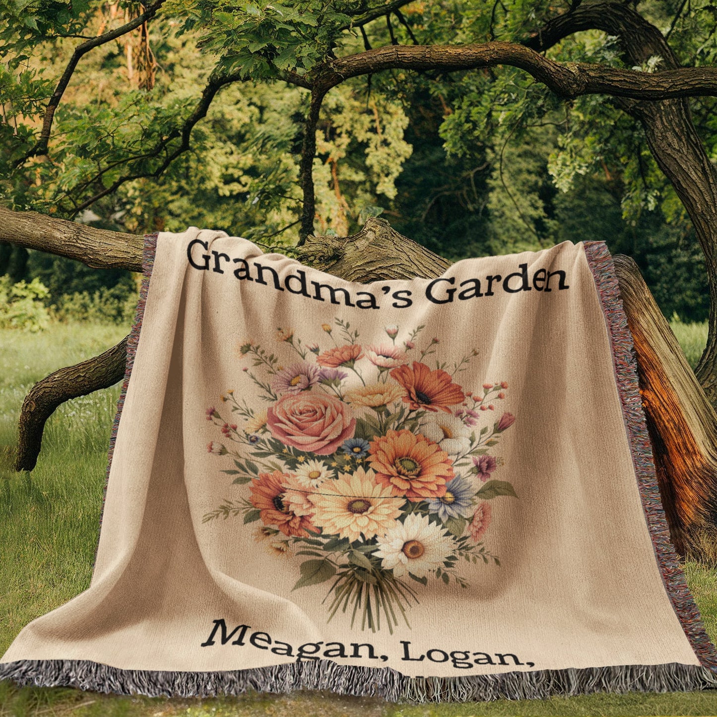 Mom's Family Garden Blanket, Custom Birth Flower Throw, Personalized Name Blanket, Sentimental Gift for Mom,Unique Woven Family Throw