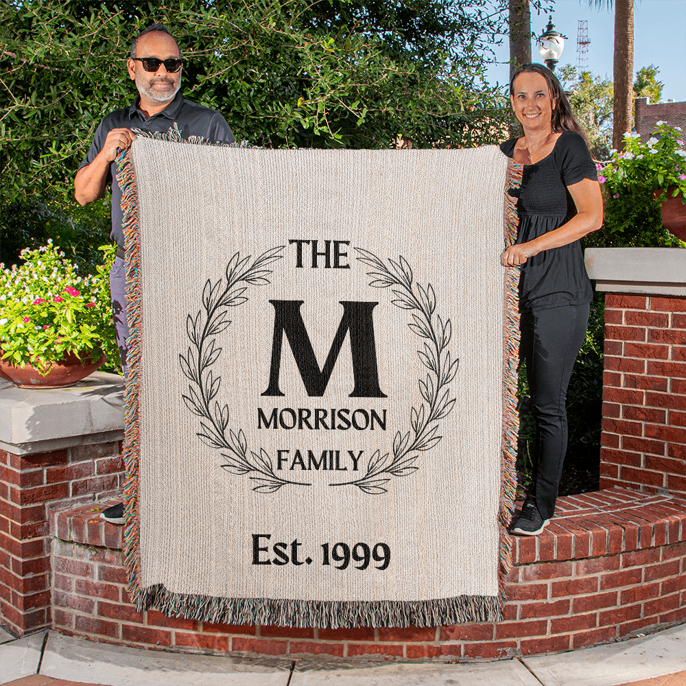 Personalized Name Wreath Monogram, Family Cotton Woven Throw Blanket, Custom Family Name Blanket, Anniversary Gift, Christmas Wedding Decor