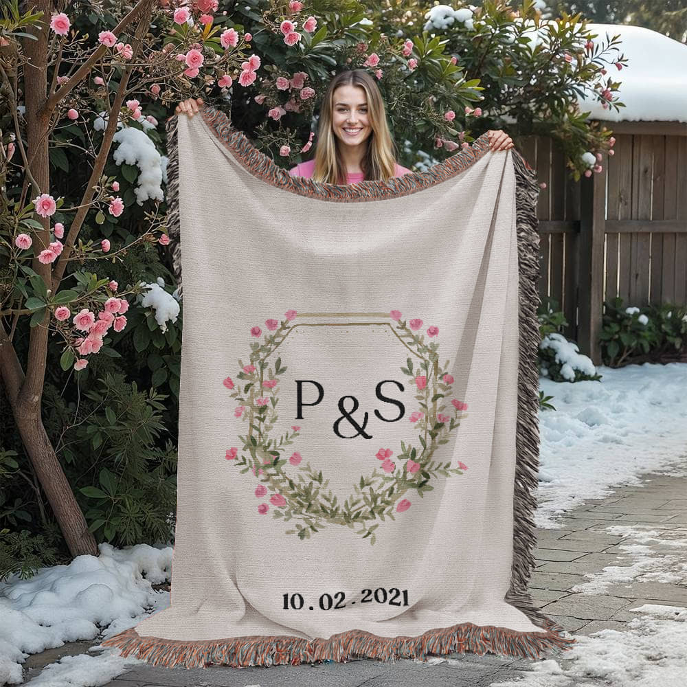 Custom Initials Floral Monogram Blanket, Monogram Woven Throw, Personalizable Blanket, Wedding Gift, Anniversary Gift, Valentines Day Present for Couples