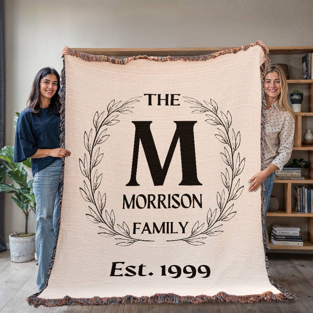 Personalized Name Wreath Monogram, Family Cotton Woven Throw Blanket, Custom Family Name Blanket, Anniversary Gift, Christmas Wedding Decor