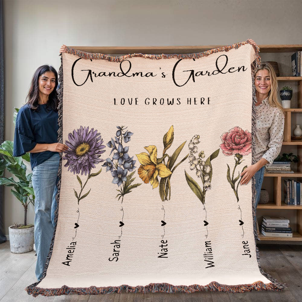 Custom Grandma Garden Blanket, Personalized Birth Flower Blanket, Granny Keepsake Gift, Mother's Day & Christmas Gift