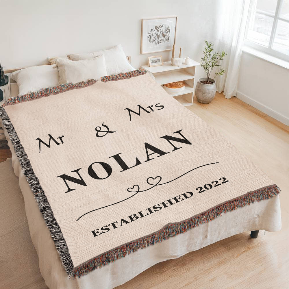 Custom Woven Cotton Throw Blanket, Personalized Name Picnic Woven Tapestry Throw, 2 Year Anniversary Gifts Engagement Wedding Valentine