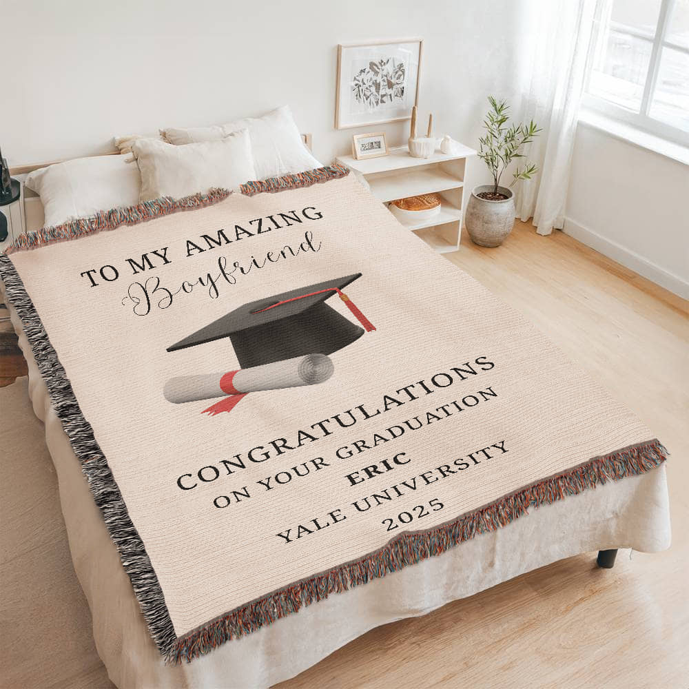 To My Boyfriend Graduation Blanket, Custom Name & University, Personal Throw Gift - Cap and Scroll Design, College Grad Gift