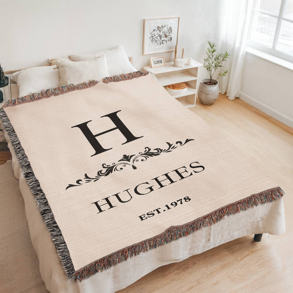 Custom Woven Throw Blanket Cotton Personalized Name And Initial Family Blanket Adult Throw, 4th Year Anniversary Gift Tapestry Blanket