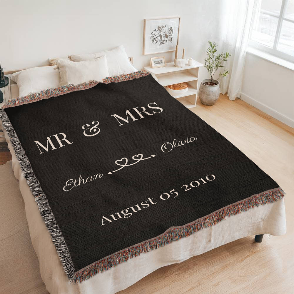 Mr & Mrs Custom Woven Blanket, Personalized Name Blanket, Anniversary Gift Prints, Wedding Gift, Cotton Anniversary, Woven Throw blanket