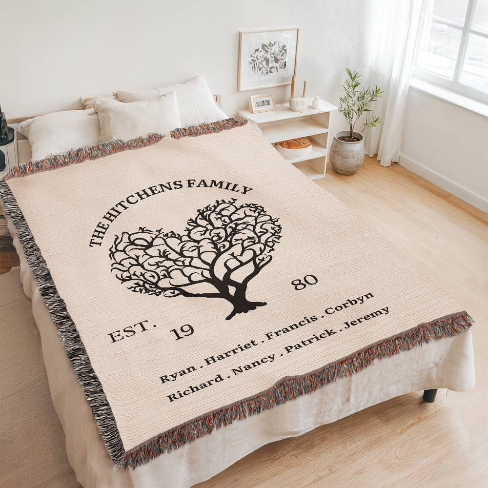 Custom Traditional Heritage Family Tree Blanket With Custom Names, Personalized Sentimental Ancestry Woven Decor, Cottagecore Tapestry Throw