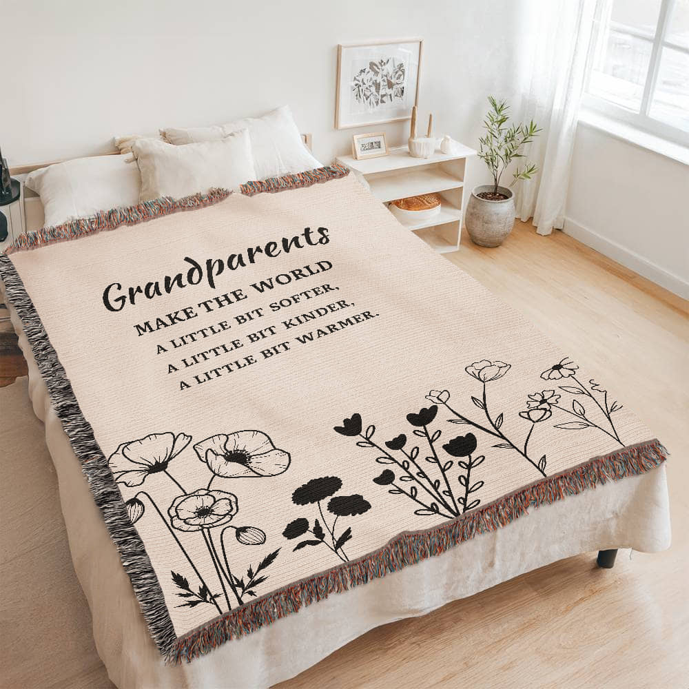Grandparent Gift Woven Flower Throw, Christmas Gift For Grandma Or Grandpa, Gift From Grandchild, Grandparents Make the world Softer