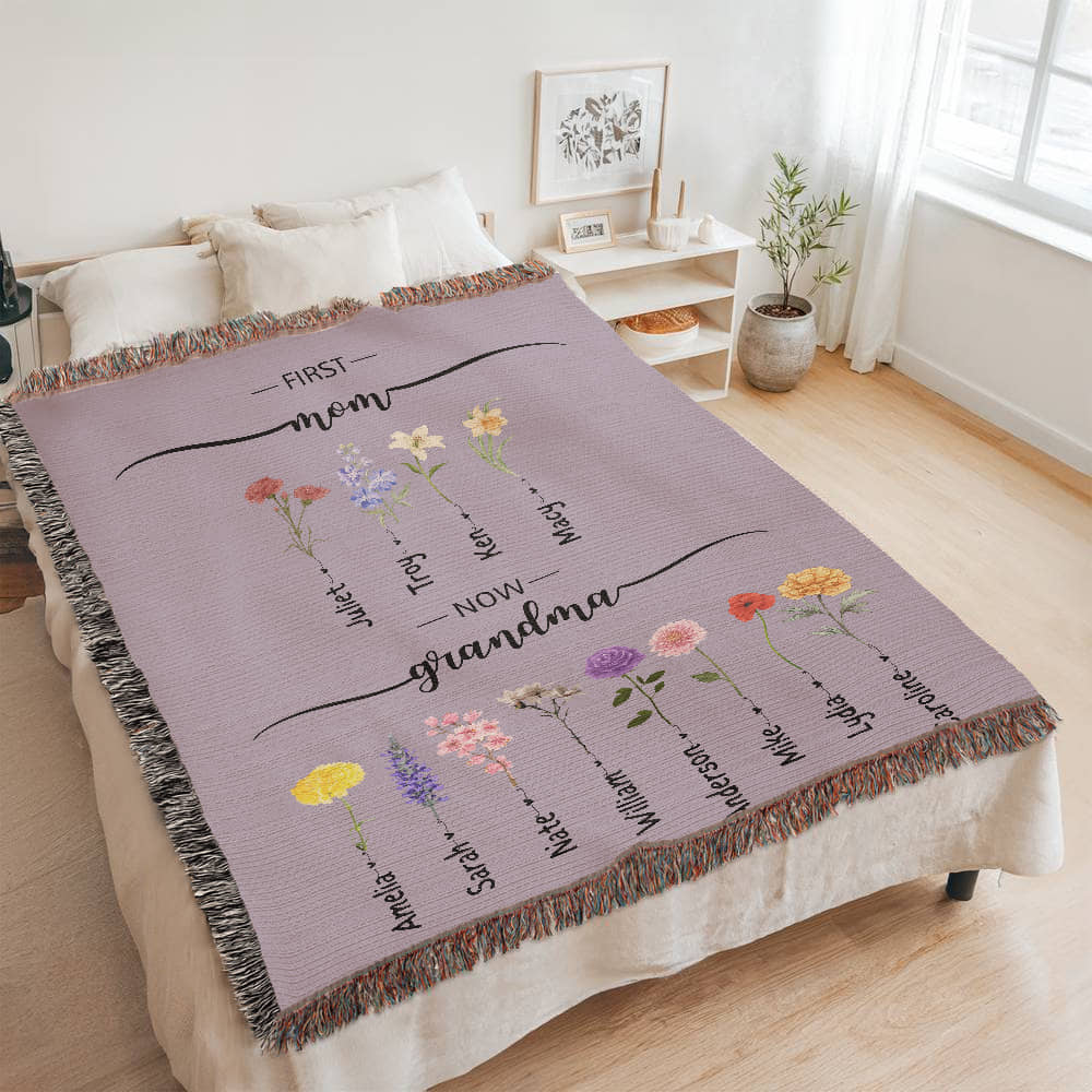 Custom Birth Flower Blanket,Mom Blanket with Kids Name,First Mom Now Grandma Sign,Birth Flower Blanket,Gift for Mom from Daughter/Son