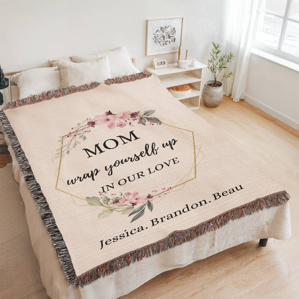 Custom Message Personalized Woven Throw, Personalized Floral Blanket Gift For Mom, Wedding Anniversary Gift, Custom Christmas Present.