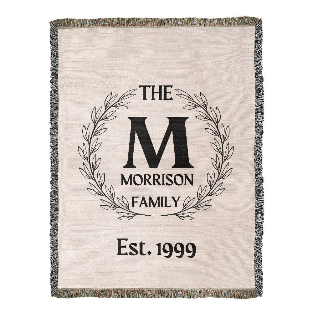 Personalized Name Wreath Monogram, Family Cotton Woven Throw Blanket, Custom Family Name Blanket, Anniversary Gift, Christmas Wedding Decor