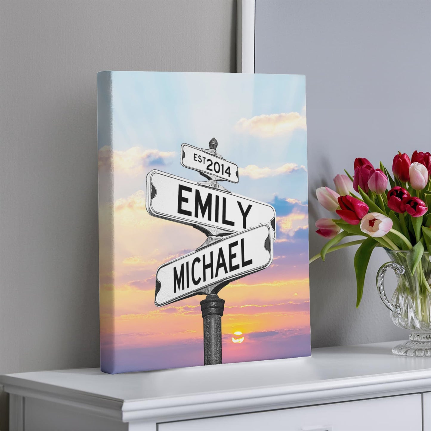 Personalized Name Street Sign Canvas, Vintage Wedding Art, Custom Name Date Decor, Ideal Anniversary Gift for Couples, Crossroads Sign Art