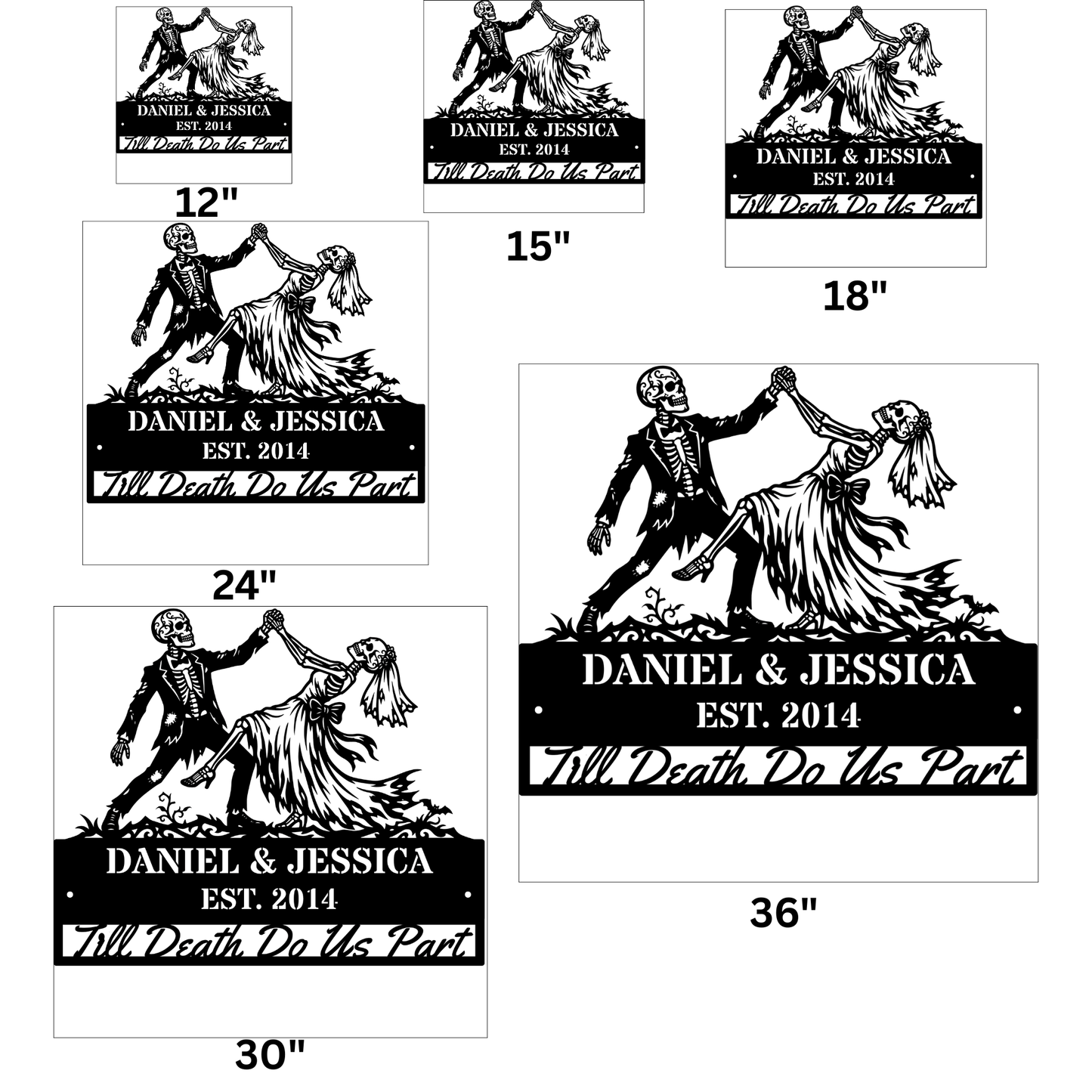 Personalized Gothic Metal Wall Art, Skeleton Bride & Groom Wedding Sign, Till Death Do Us Part Decor, Custom Anniversary Gift for Couples