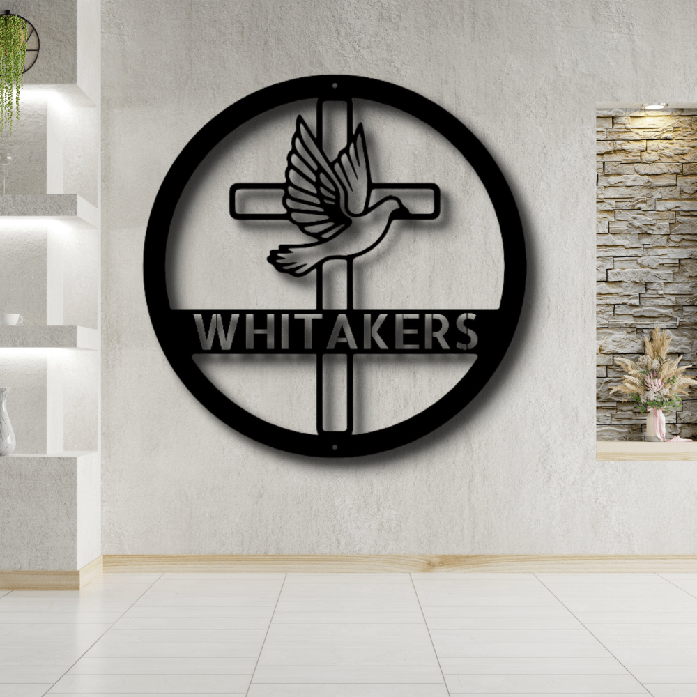 Custom Dove and Cross Metal Art Sign, Personalized Metal Sign With A Cross And A Dove, Housewarming Gift For A Christian Family, Family Name Wall Art Decor, X-mas Gift For Mom. - Family Gear Collections