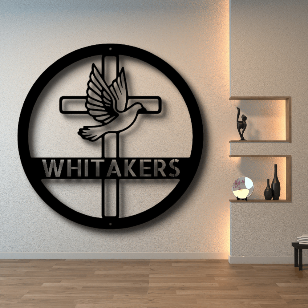 Custom Dove and Cross Metal Art Sign, Personalized Metal Sign With A Cross And A Dove, Housewarming Gift For A Christian Family, Family Name Wall Art Decor, X-mas Gift For Mom. - Family Gear Collections