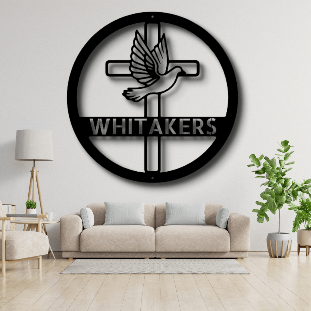 Custom Dove and Cross Metal Art Sign, Personalized Metal Sign With A Cross And A Dove, Housewarming Gift For A Christian Family, Family Name Wall Art Decor, X-mas Gift For Mom. - Family Gear Collections