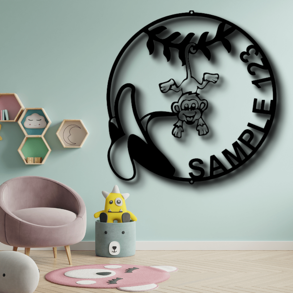 Custom Our Little Monkey Metal Sign, Personalized Swinging Monkey Metal Art Sign, Nursery Wall Art Decor, Kids Playroom Wall Hanging, X-mas Gift For Little Nephew - Family Gear Collections