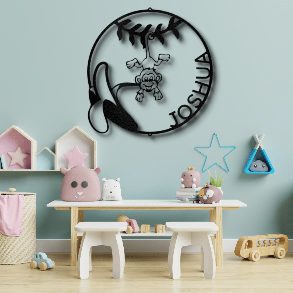 Custom Our Little Monkey Metal Sign, Personalized Swinging Monkey Metal Art Sign, Nursery Wall Art Decor, Kids Playroom Wall Hanging, X-mas Gift For Little Nephew - Family Gear Collections