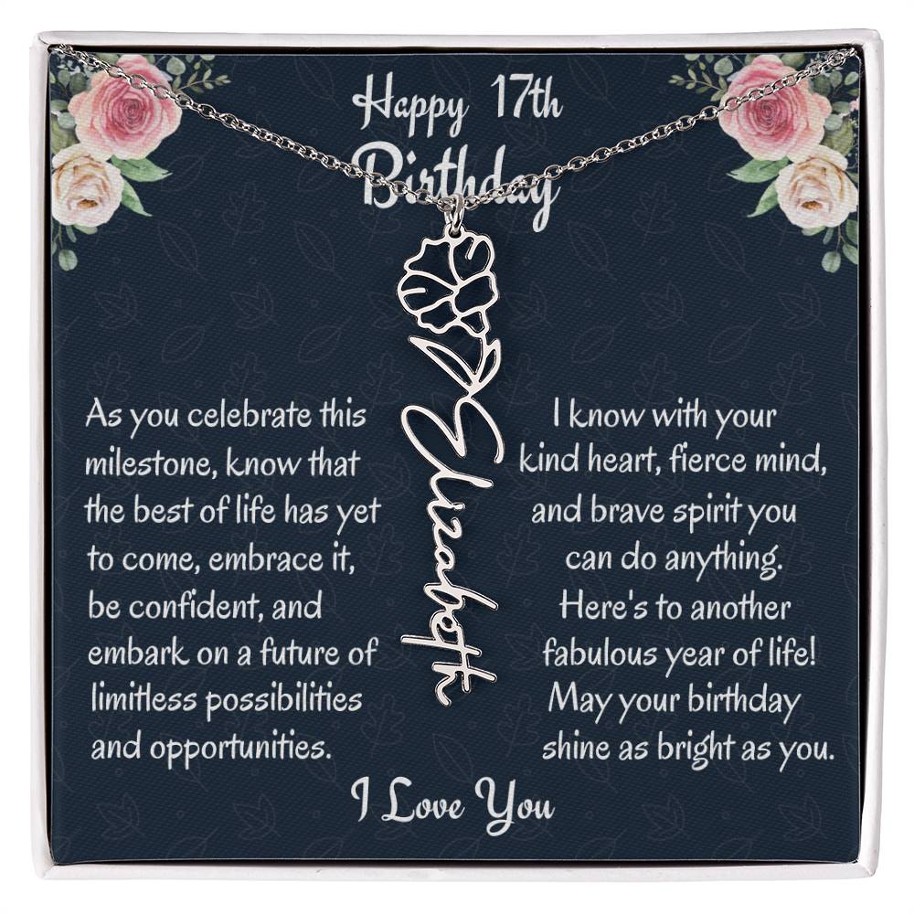 Happy 17th Birthday Flower Name Necklace, Personalized Name Birth Month Necklace, Birthday Jewelry Gift From Mom, Mother To Daughter Gift, Christmas Gift For My Beautiful Daughter. - Family Gear Collections