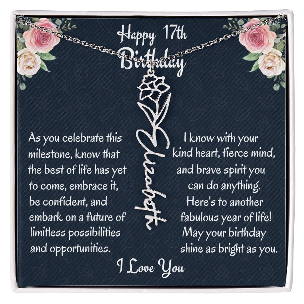Happy 17th Birthday Flower Name Necklace, Personalized Name Birth Month Necklace, Birthday Jewelry Gift From Mom, Mother To Daughter Gift, Christmas Gift For My Beautiful Daughter. - Family Gear Collections
