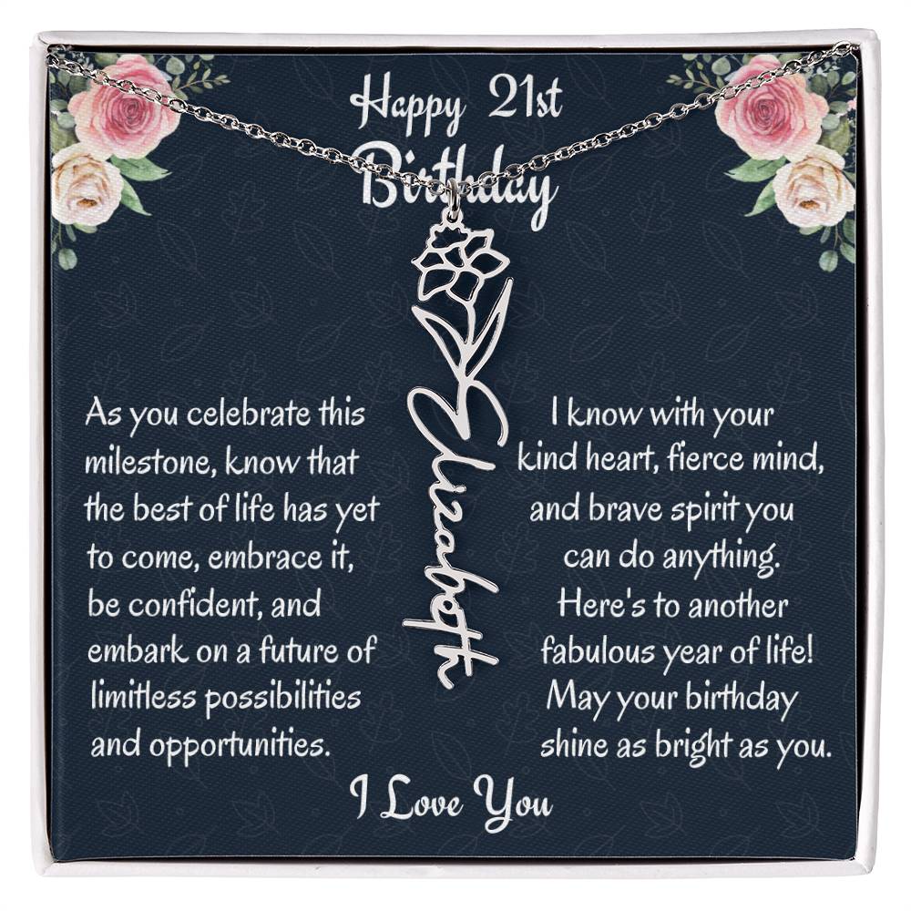 Happy 21st Birthday Flower Name Necklace, Personalized Birth Month Necklace Gift From Mom, Birthday Gift From Loving Mom, Mother To Daughter Gift, Christmas Gift For My Beautiful Daughter. - Family Gear Collections