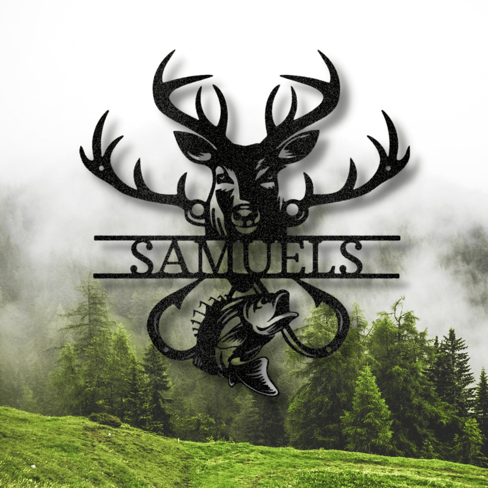 Personalized Deer Bass Name Metal Sign, Customized Outdoorsman Monogram, Hobbies Gift, Hunter Fisherman Gift, Cabin Metal Décor, Name Plaque Gift For Him - Family Gear Collections