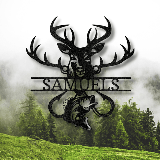 Personalized Deer Bass Name Metal Sign, Customized Outdoorsman Monogram, Hobbies Gift, Hunter Fisherman Gift, Cabin Metal Décor, Name Plaque Gift For Him - Family Gear Collections