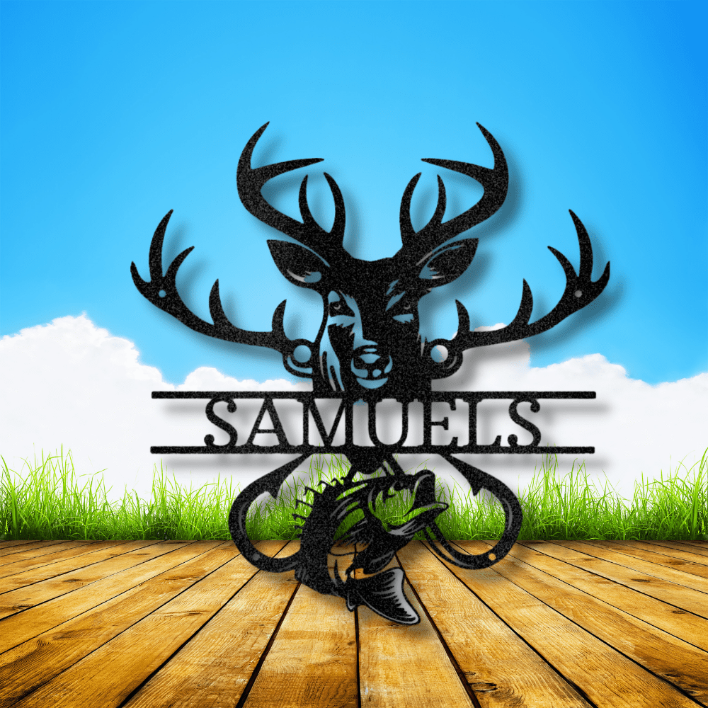 Personalized Deer Bass Name Metal Sign, Customized Outdoorsman Monogram, Hobbies Gift, Hunter Fisherman Gift, Cabin Metal Décor, Name Plaque Gift For Him - Family Gear Collections